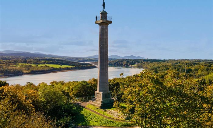 The Anglesey Column standing tall against a blue sky, surrounded by greenery